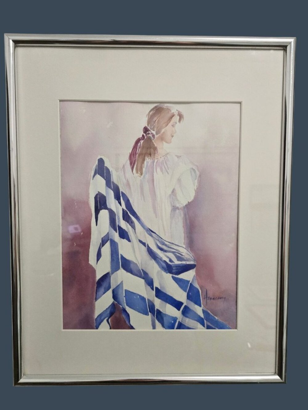 Woman With Blue & White Striped Cloth Watercolor By Hennessey In Silver Frame